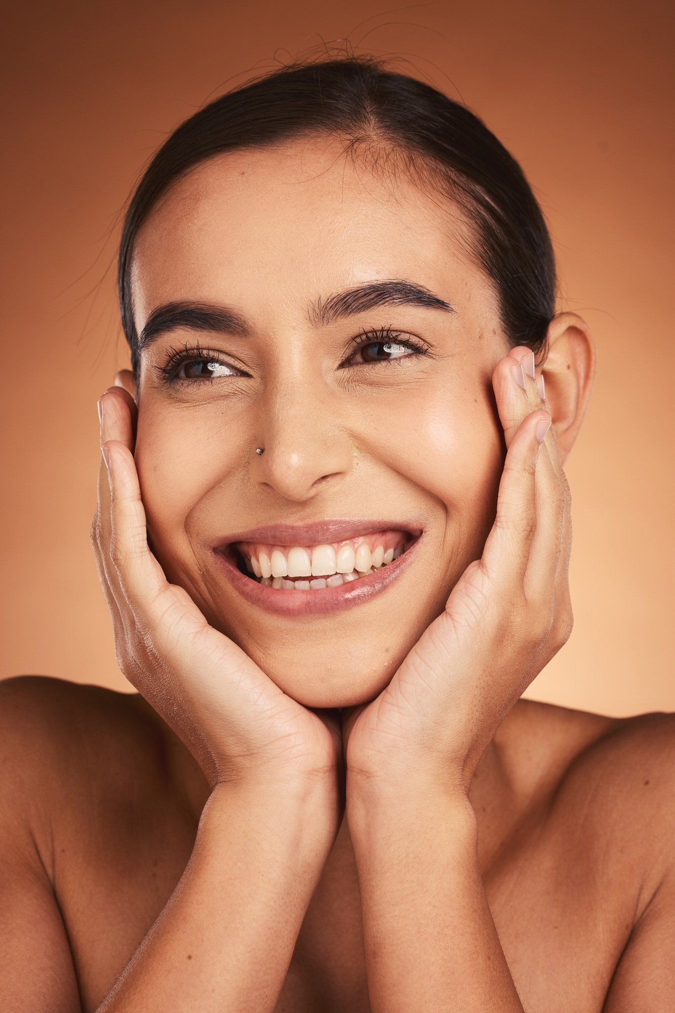 Skincare, beauty and woman excited about skin, health and dermatology cream or natural makeup cosme